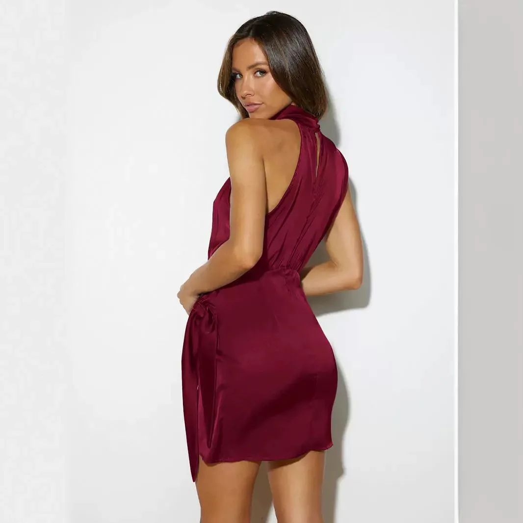 Ele Satin Wrap Dr Faionable Ne Hanging High Waist ort Skirt for Women Svel Zipper Closure High Collar Gown