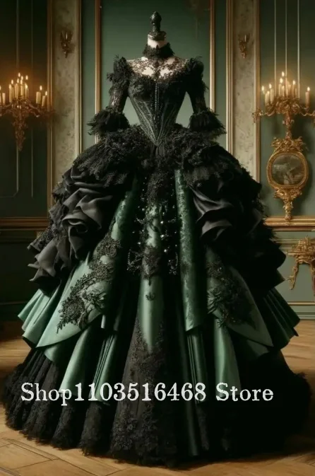 

Black Green Gothic Ball Gown Lolita Off the shoulder Bell Sleeves Lace Applique Ruffles Halloween Party Gown Birthday Customized