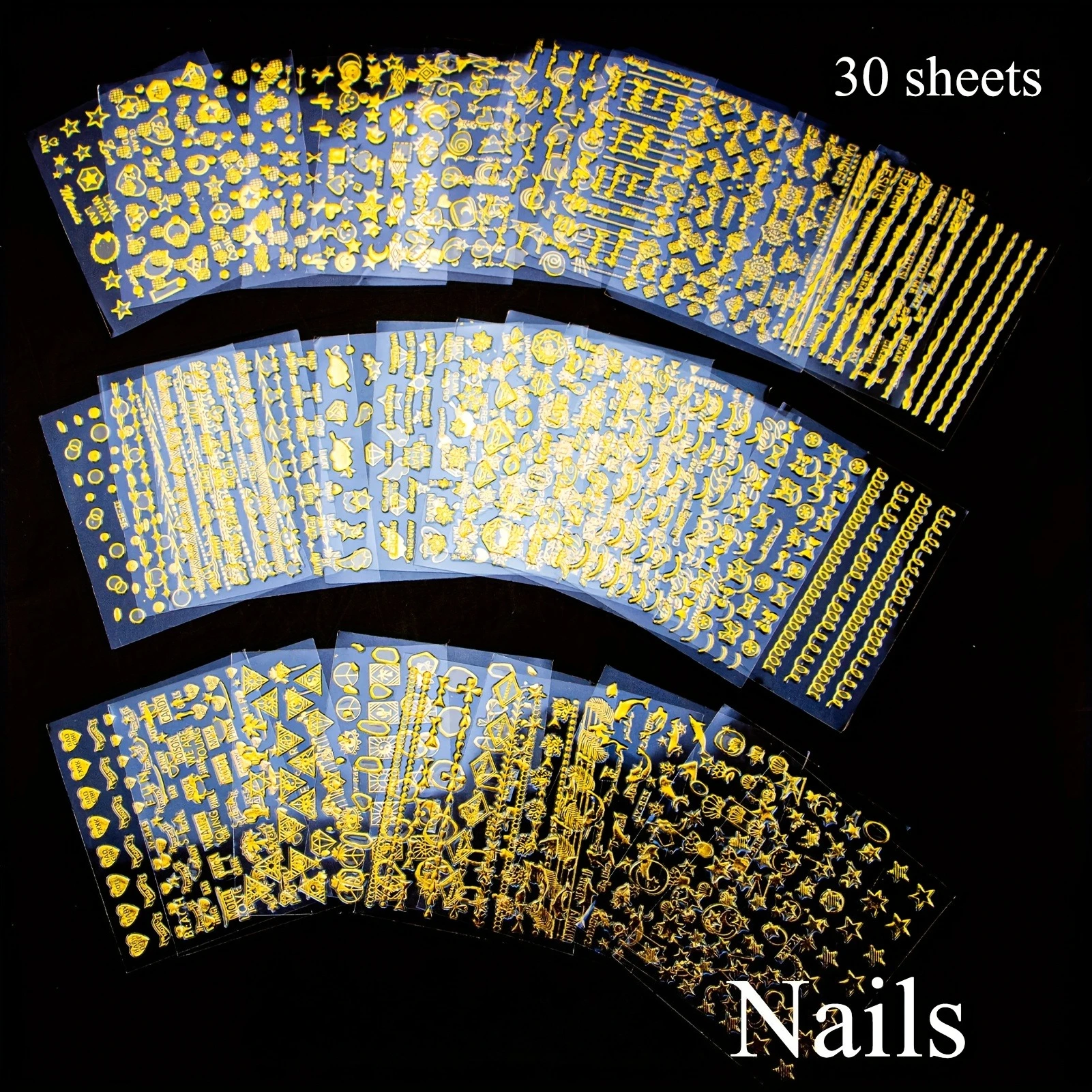 30枚入りゴールデンネイルステッカーセット、星、月、ハート、雪の結晶、ドット、ダイヤモンド、幾何学模様のネイルアートデカールが含まれています。