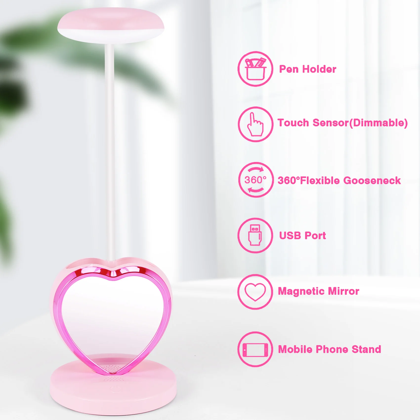 ABZV-LED Desk Lamp for Girls, Rechargeable LED Desk Lamp with USB Charging Port & Pen Holder, Eye-Caring Dimmable Pink