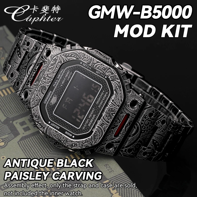 MOD Kit For Casio Gshock GMW-B5000 GMWB5000 Metal Watch Case Bezel 3D Carving Paisley Watch Band Strap Stainless Steel Bracelet