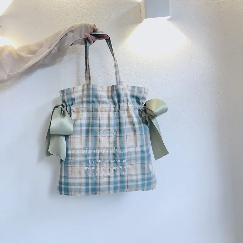 Plaid Women Simple Shoulder Bag Soft Cloth Fabric Handbag Large Capacity Cotton Tote Bow Canvas Bags For Pretty Young Girl