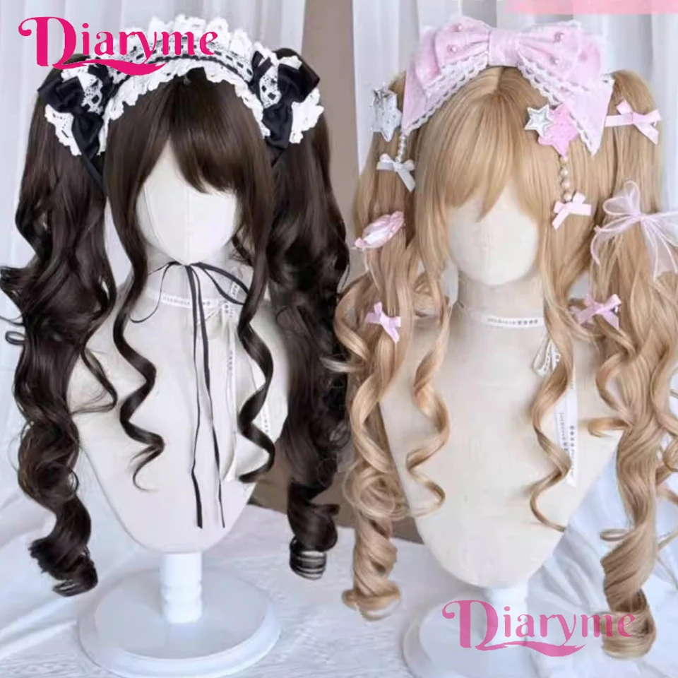 

Synthetic Cosplay Wig Double Ponytail Wig Lolita Long Wavy Hair Roman Curly Claw Ponytail Wig Full-headgear for Girl Wigs