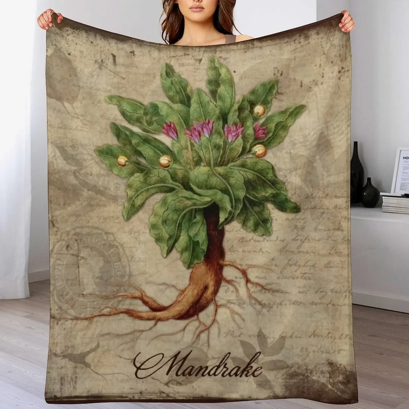 Mandrake Plant Vintage Botanicals Garden collection Throw Blanket Bed linens Decoratives Beach Furrys Blankets