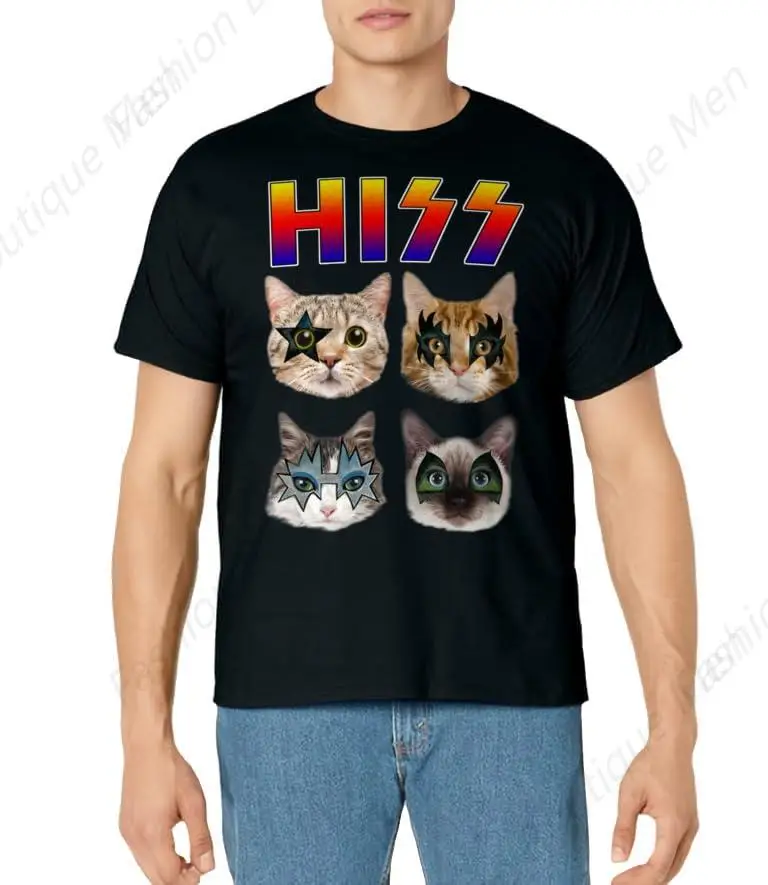 Cute Hiss Funny Cats Kittens Rock Rockin Short Sleeve T-shirt Gift Tee Pun Cats Lover Crew-neck Loose Top