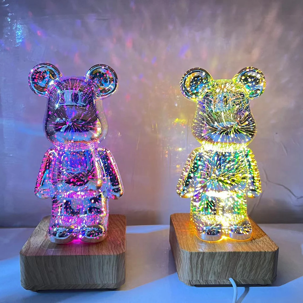 Creative LED Night Light 3D Glass Cute Bear Fireworks Lamps Bedroom Decoration Atmosphere Lamp Bedside Table Light