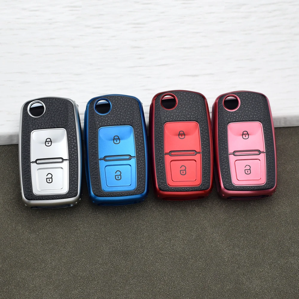 Funda de Cuero TPU con 2 Botones para Llave de Volkswagen Tiguan, Golf MK4, Passat, Polo, Jetta, Bora, Amarok, Caddy, Beetle, Altea, Llavero