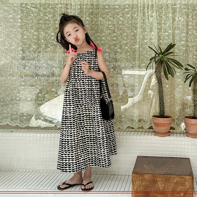 Summer Girls Dresses Children Casual Clothes Fashion Sing Bowknot Wave Striped Knee Length Dress Kids Leisure Long Dress