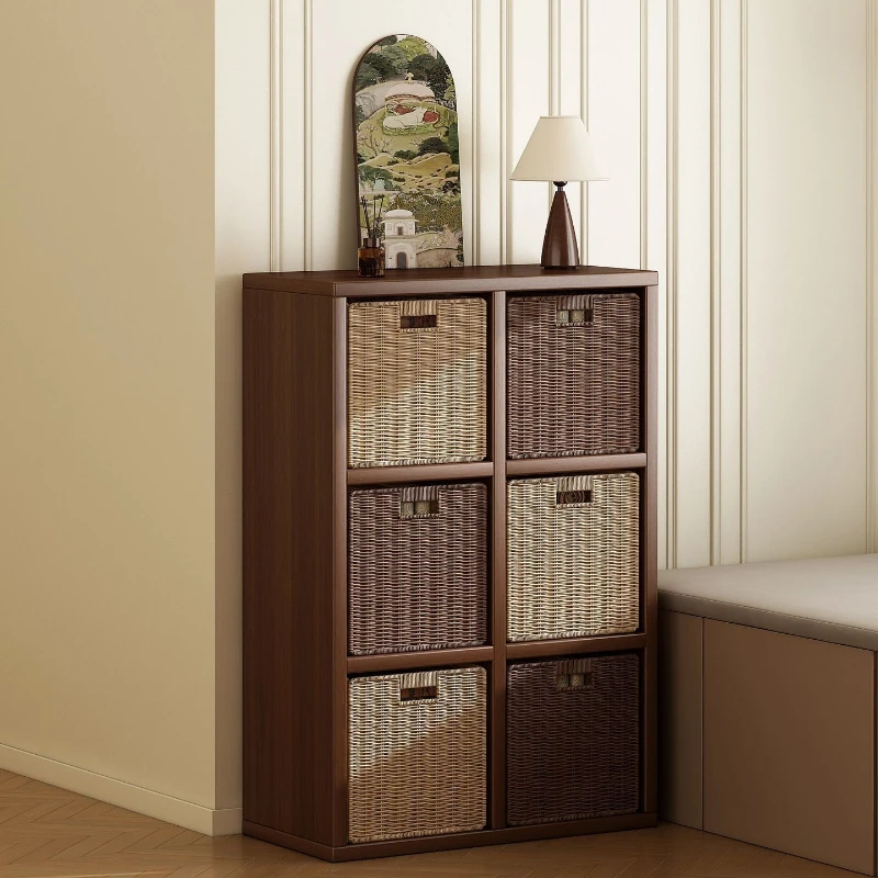Solid wood grid cabinet, living room floor-standing storage rack, bay window cabinet, vintage style