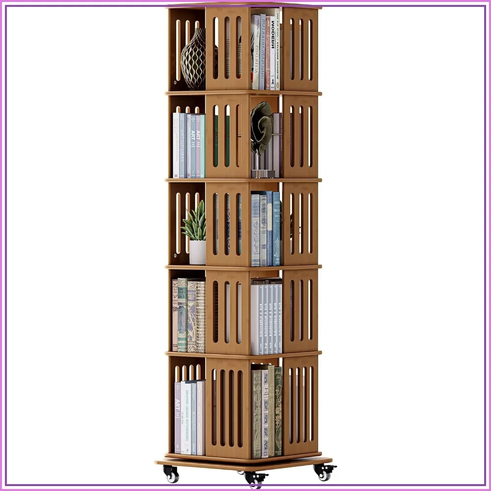 Turosur Rotating Bookshelf with Wheels, Solid Wood 5 Tier Square Revolving Bookcase Storage, Walnut