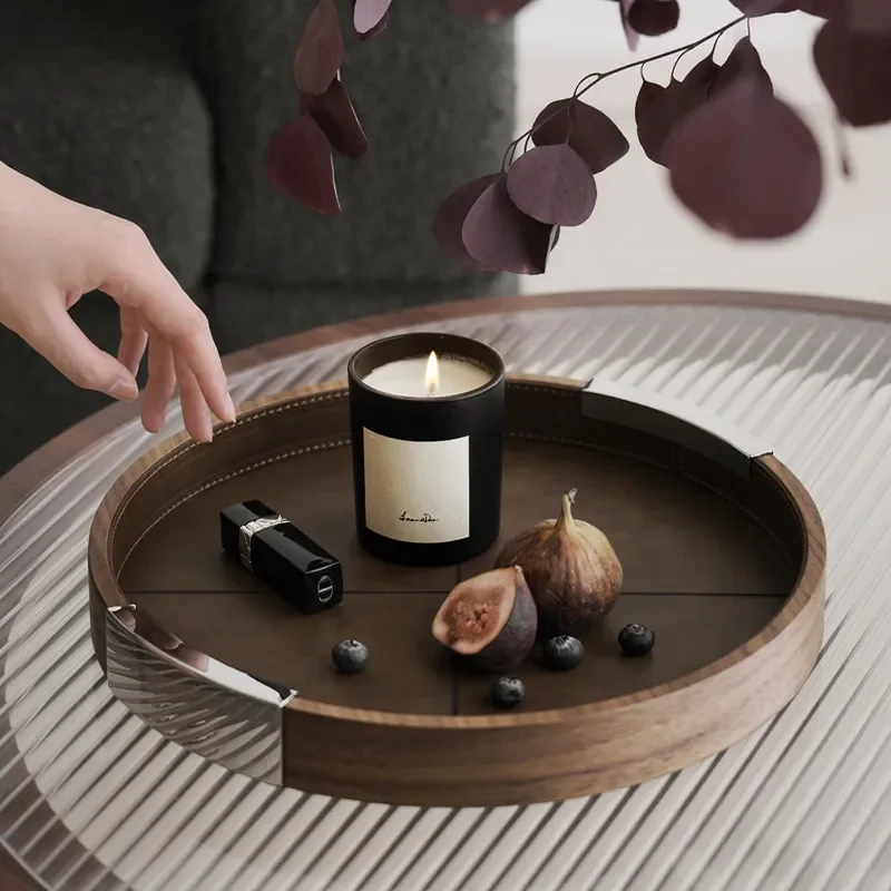 Natural Black Walnut Wood Serving Tray Round Coffee Table Snack Plate for Tea Nuts Solid Wood Dish Home Kitchen Decor Gift