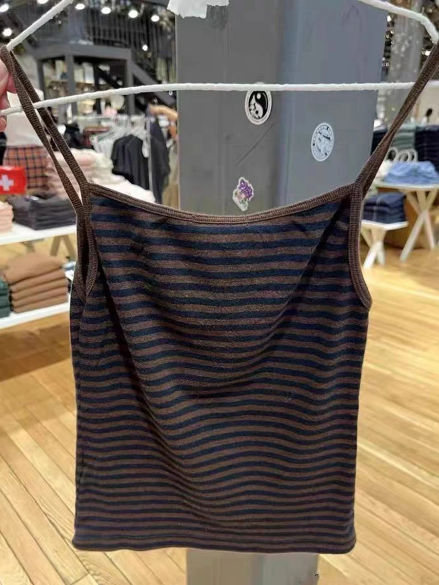 سترة نسائية كلاسيكية بنية مخططة مثيرة بدون أكمام صيفية مثيرة لعام 2023 ملابس الشارع الشهير Y2k ملابس علوية قصيرة قطنية ريترو #3