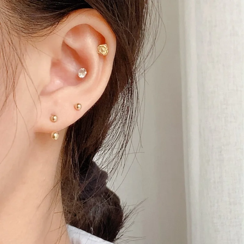 Real 925 Sterling Silver Round Ball Stud Earrings For Women Charm Curved Hook Ear Bone Nail U Shape Earring Fashion Jewelry Gift