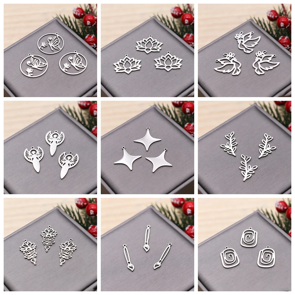 3pcs Lotus Flower Charms DIY Earring Necklace Bracelet Olive Branch Guardian Angel Peace Dove Sword Pendant For Jewelry Making
