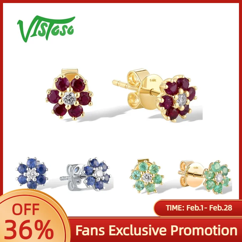 

VISTOSO Authentic 14K 585 Rose White Gold Stud Earrings For Women Ruby /Emerald /Sapphire Cute Flower Wedding Gifts Fine Jewelry