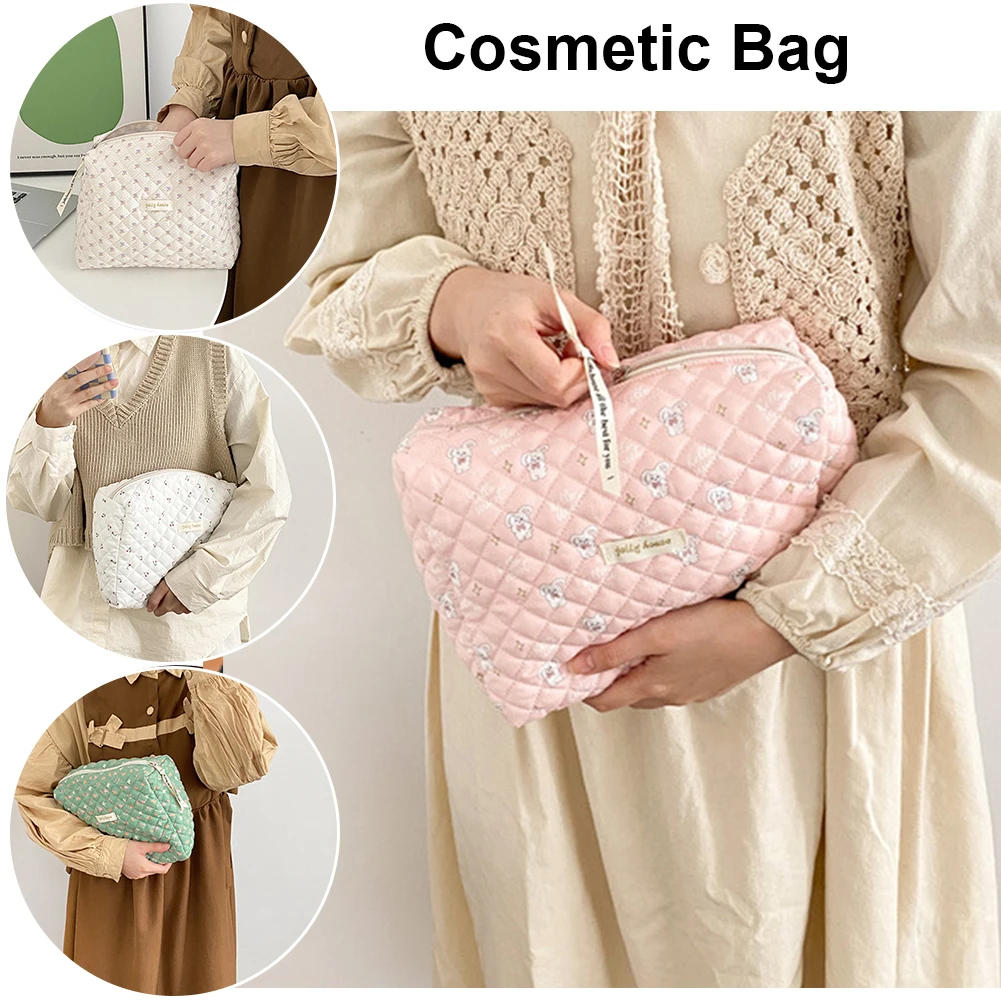 

Women Cosmetic Bag Zipper Korean Quilted Travel Organizer Portable Beauty Case Floral Print Large Capacity for Ladies Girl