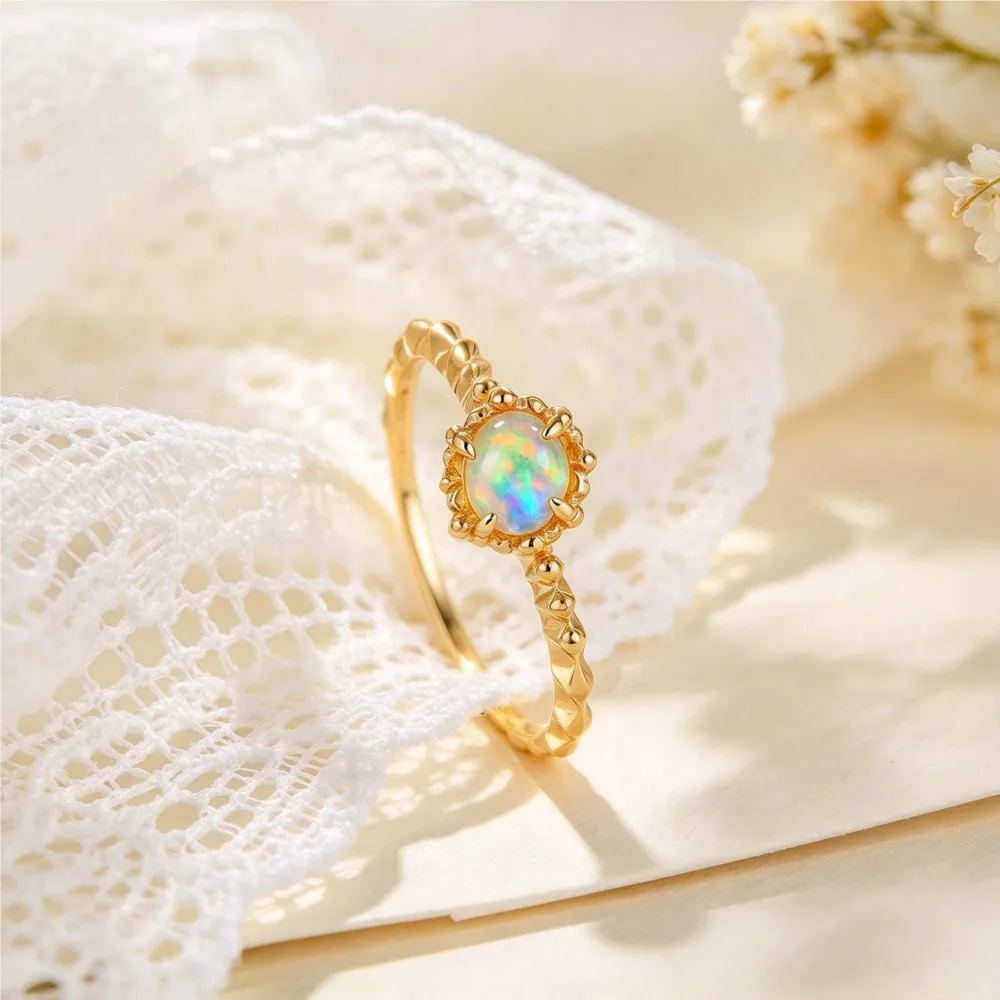 LAMOON Natrual Gemstone Opal Rings For Women Vintage Style 925 Sterling Silver Gold Plated Fine Jewelry Accessories Engagement