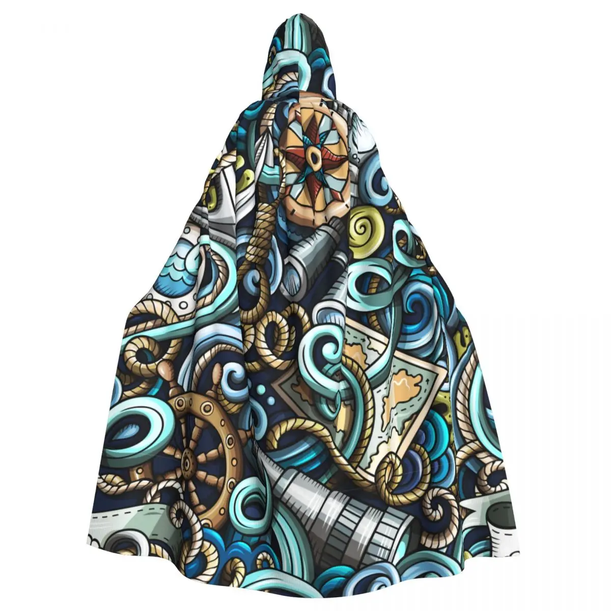 Adult Cloak Cape Hooded Nautical Objects Doodles Pattern Medieval Costume Witch Wicca Vampire Elf Purim Carnival Party