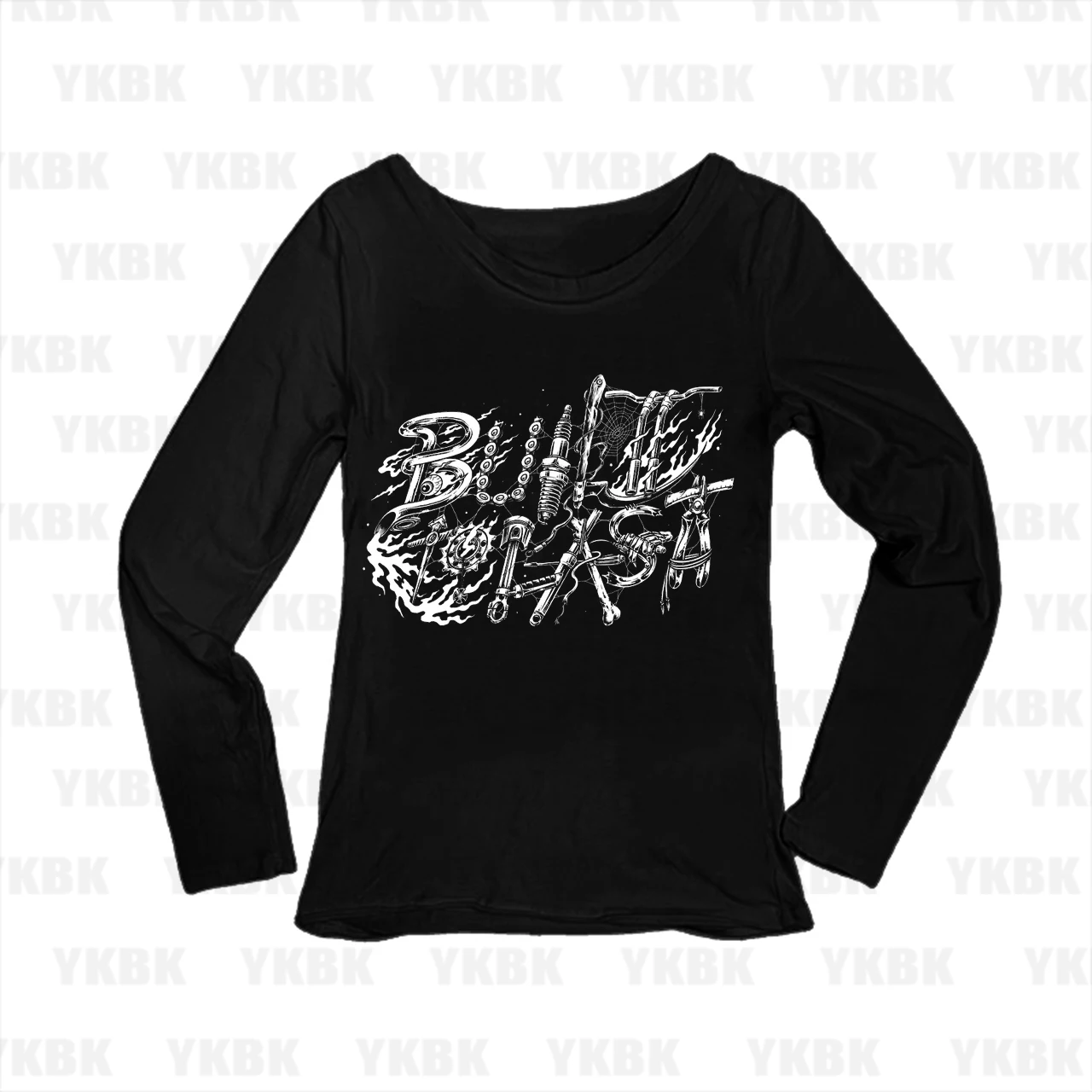 Y2K Biker Punk Build Blast Motorcycle Parts Flame Print Women Long Sleeve T-Shirt O-Neck Slim Fit Graphic Casual Tops