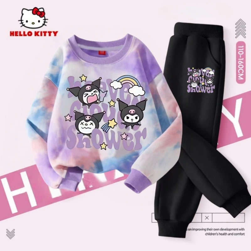 

Осенний комплект одежды Tie Dye для маленьких девочек, детские толстовки с принтом Sanrio Kuromi, пуловер, топ и штаны, костюм из 2 предметов, детские спортивные костюмы
