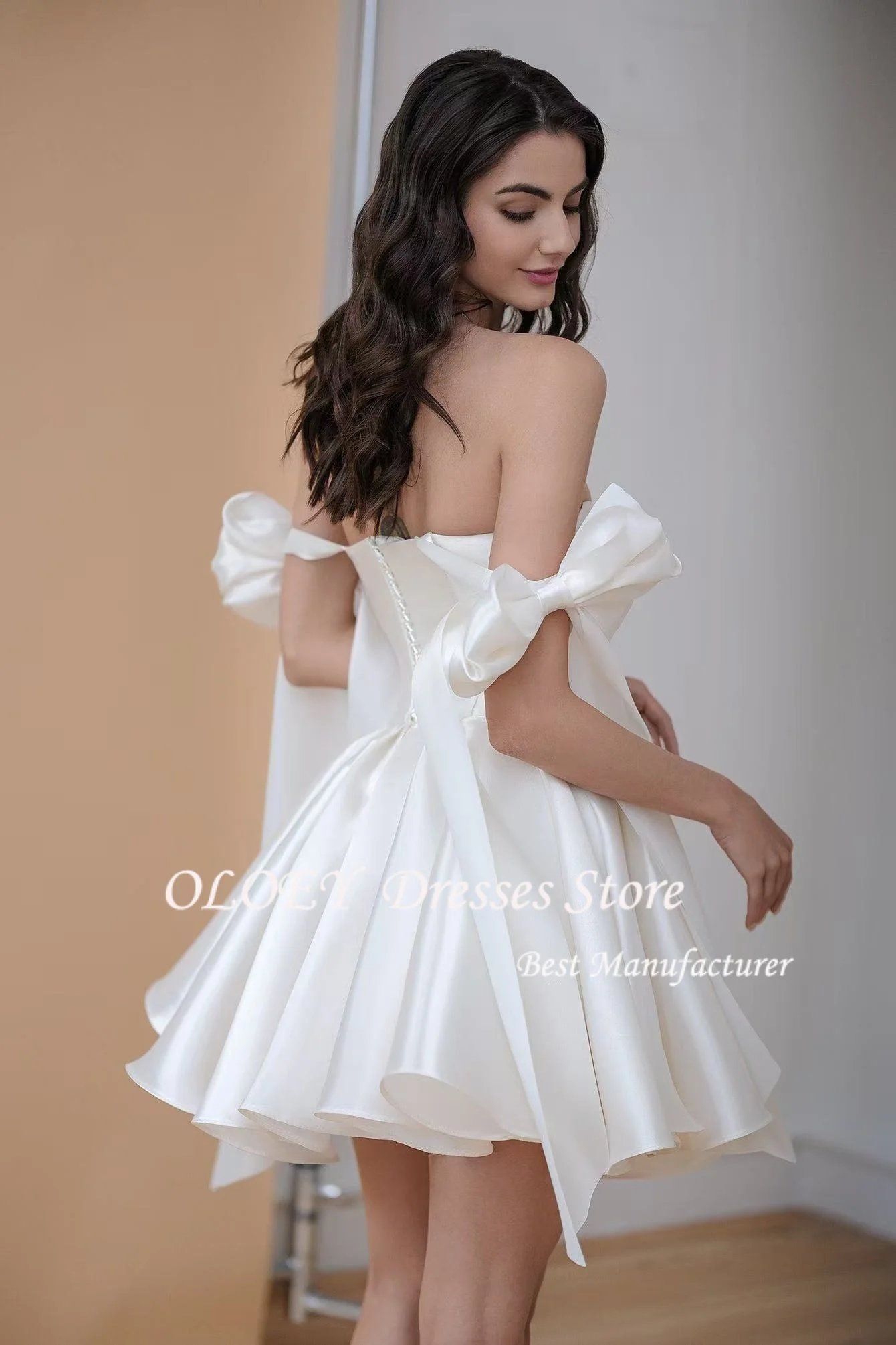 OLOEY ミニウェディングドレス 2025 Aライン花嫁ドレス ベスティドス・デ・ノビア アイボリーガウン バックレースアップ カクテルドレス