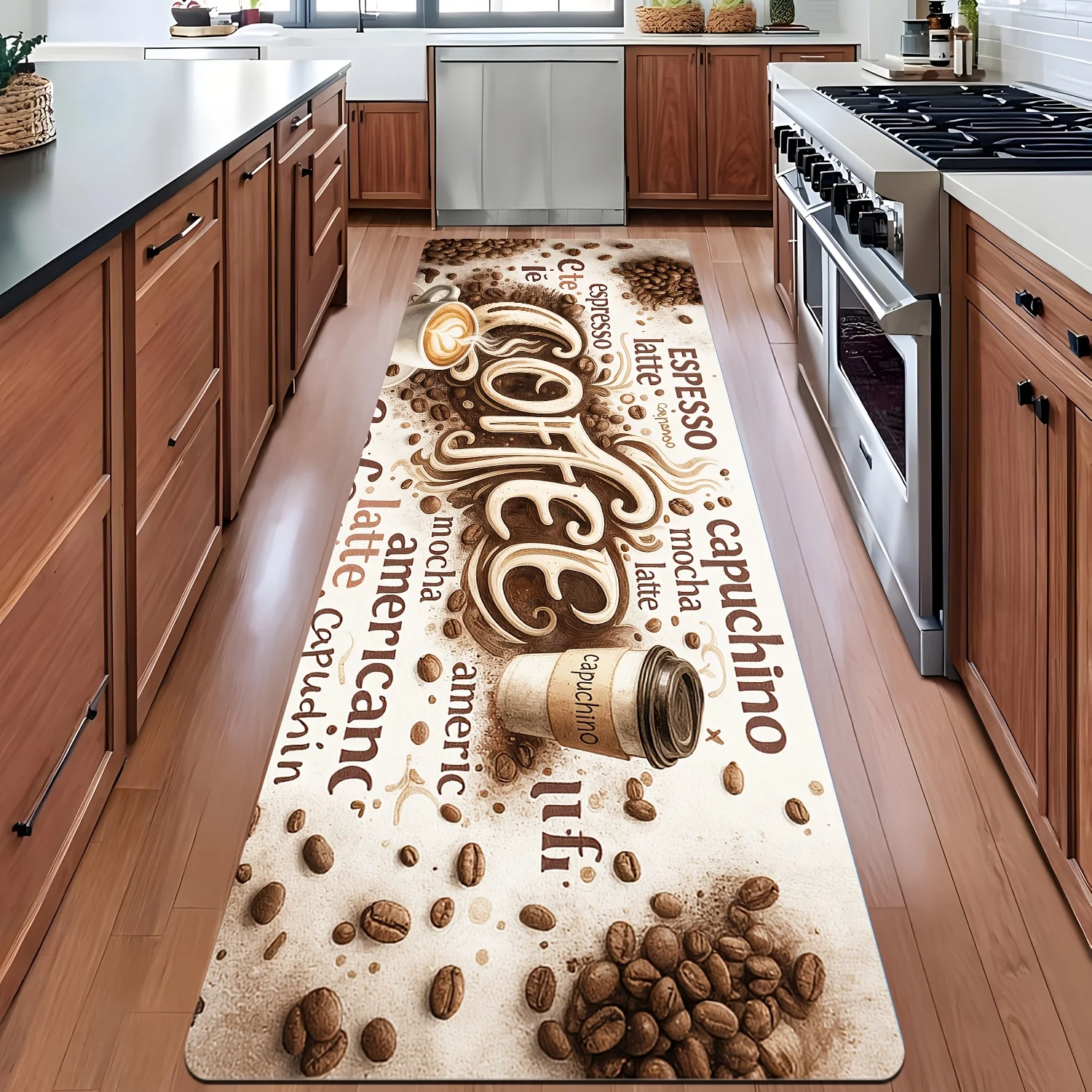 Retro Coffee Themed Long Kitchen Mat  Coffee Bean Takeaway Cup Letter Design Washable Anti Slip Rug