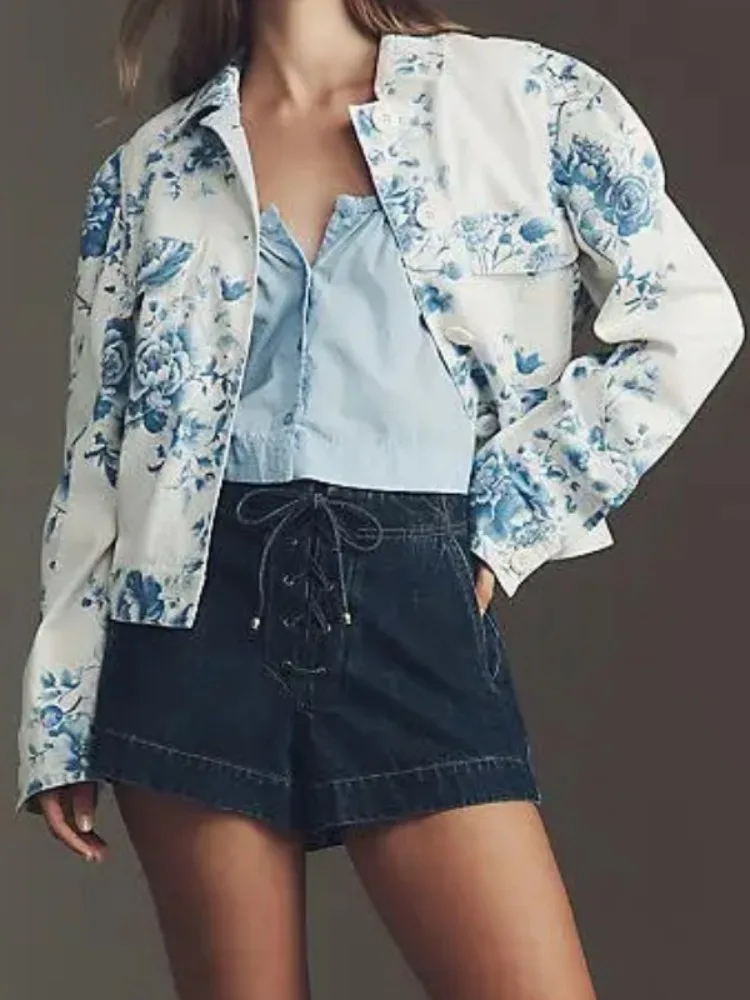 

UOOZEE Vintage Blue Rose Printed Lapel Jackets For Women 2025 Long Sleeves Loose Buttoned Elegant Casual Weekend Thin Outerwears