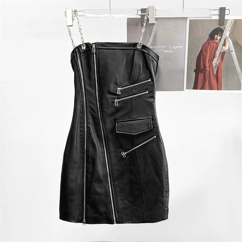 Women Leather Dress Vintage Youth Grunge y2k Clothes K-POP Steampunk Slim Bodycon Fashion Metal Chain Sling Vestido Micro Skirts