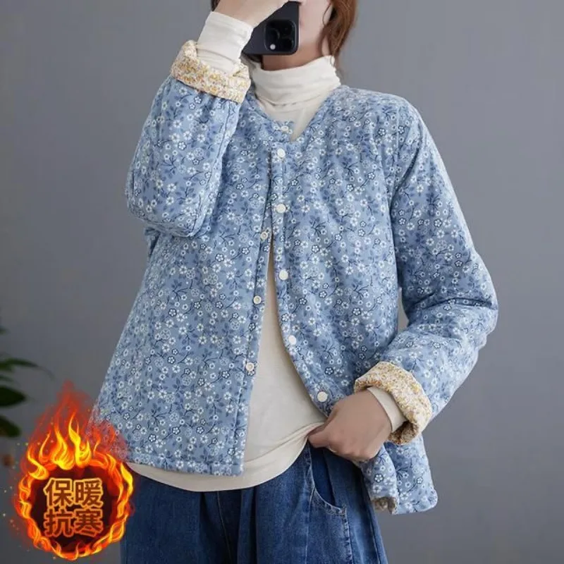 Chaqueta corta de manga larga de algodón cálido ajustada para otoño e invierno con Clip de algodón Floral Retro para mujer