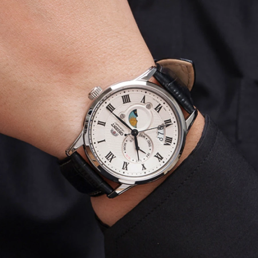 ساعة أورينت، ساعة ميكانيكية يابانية أوتوماتيكية بالكامل بنمط مرحلة القمر وتقويم مزدوج لرجال الأعمال