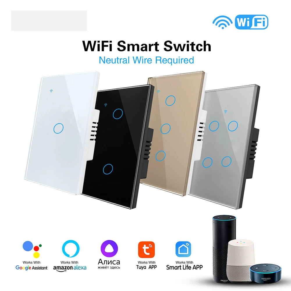 

Tuya US Standard WIFI Smart Switch 1/2/3/4 Gang No Neutral Wire Smart Light Switches Tuya Alexa Google Home Touch Sensor