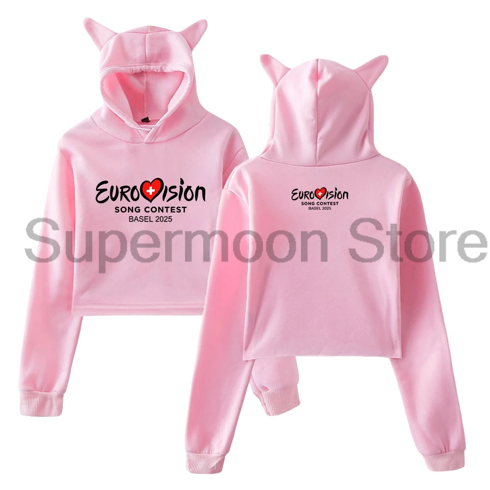 

Eurovision 2025 Hoodie Eurovision Song Contest Cat Ears Hooded Sweatshirts Long Sleeve Crop Top Women's Clothes