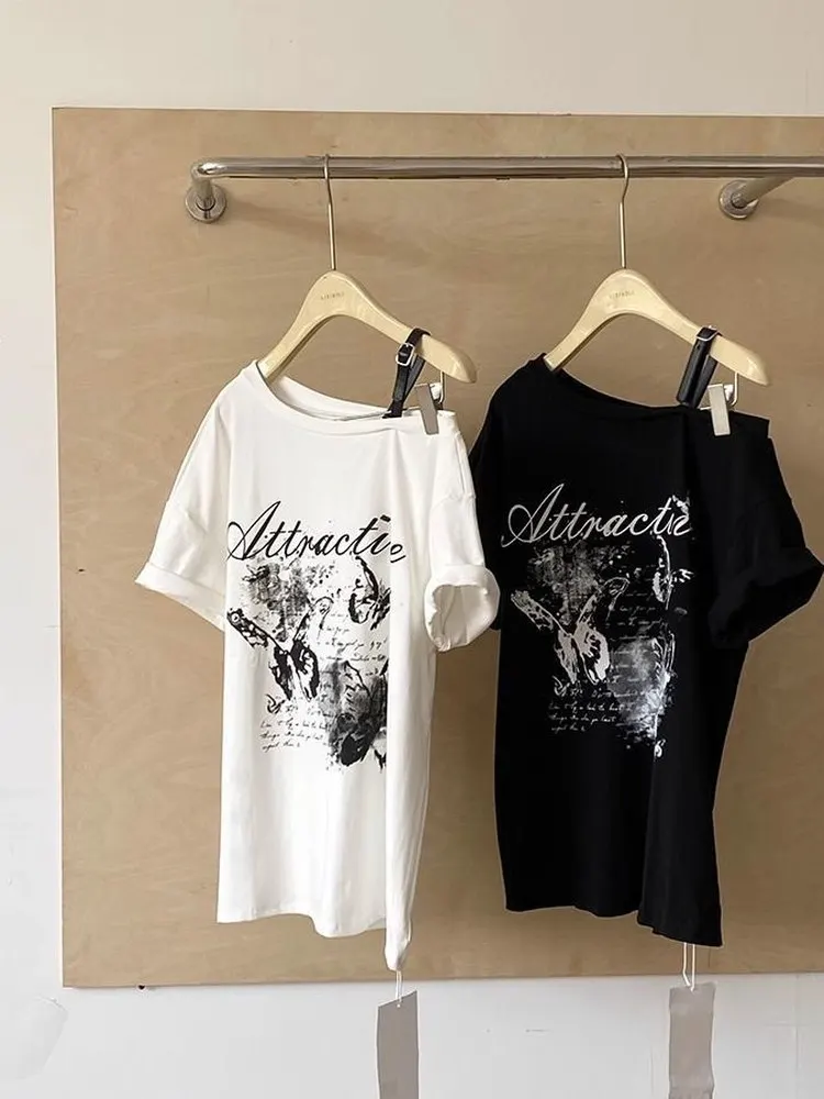 Trendiges Amerikanisches Oversize-Oberteil mit Print, Plus Size, Schulterfreies Sommer-Top für Damen, Mittellang, Locker, Vielseitig, Modisch