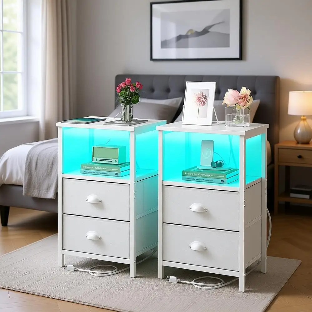 

2-Piece LED Nightstand Set with Charging Station, Fabric Drawers, 3-Tier Storage, White