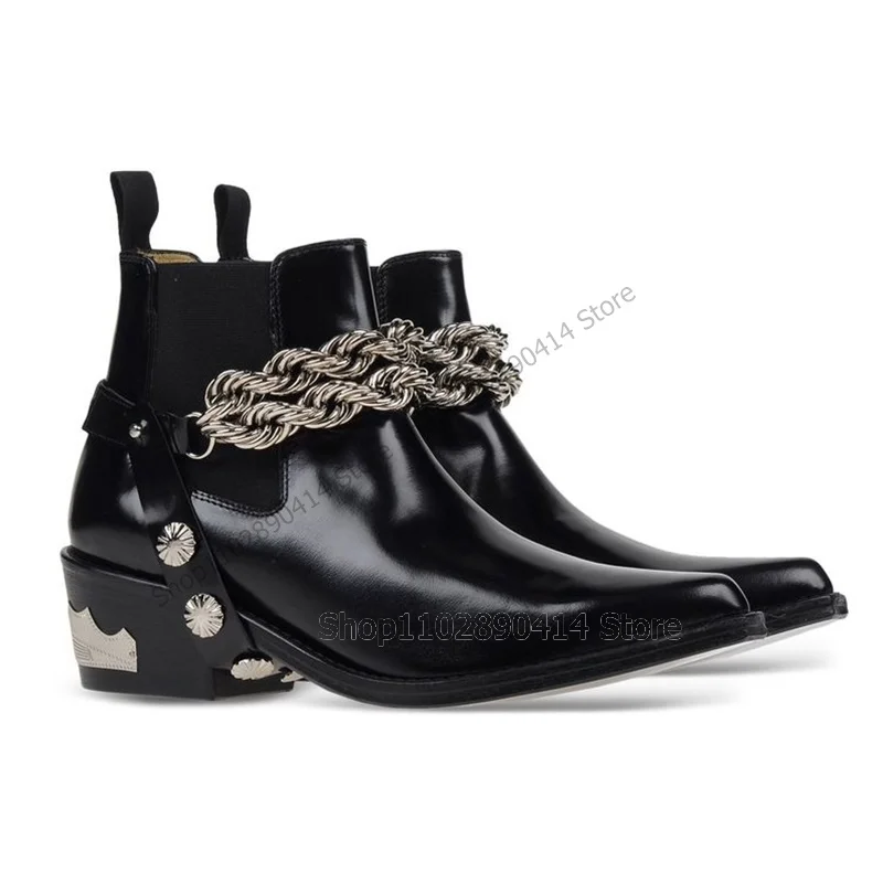 

Metal Chain Rivets Decor Black Pointed Toe Ankle Boots Fashion Slip On Men Shoes Luxury Handmade Party Office Men Dress Shoes