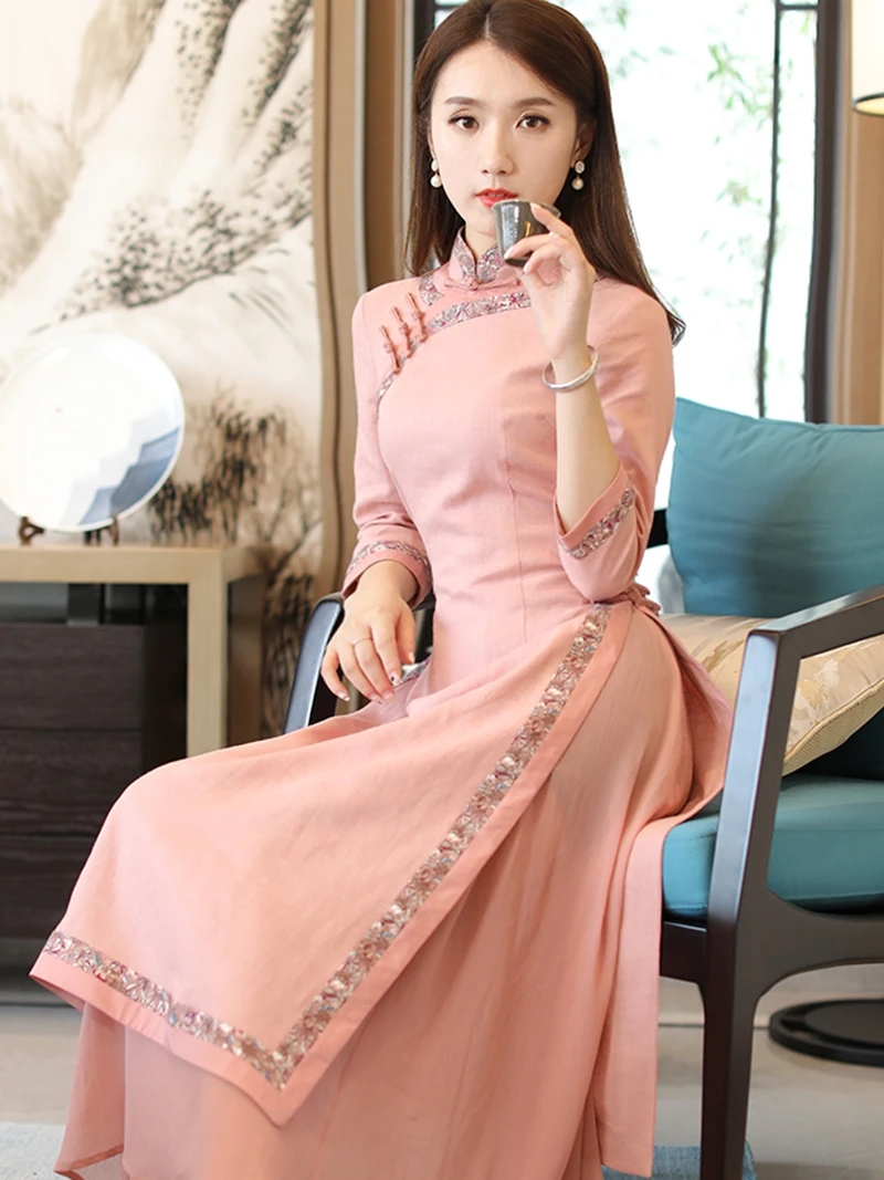

Ele Pink Young Sle Dr High Quali Chinese Faion 2026 Trend Long Sve High Slit Daily Wear Women's Dr