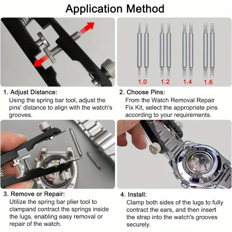 1Pc Watch Spring Bar Plier Tool Set Watchband Pliers with 10 Pins, Watch Wrist Ban Repair Remove Tool, Spring Plier Tweezer, Removal Tool for Watch Pin Strap Band Watch Link-Balck