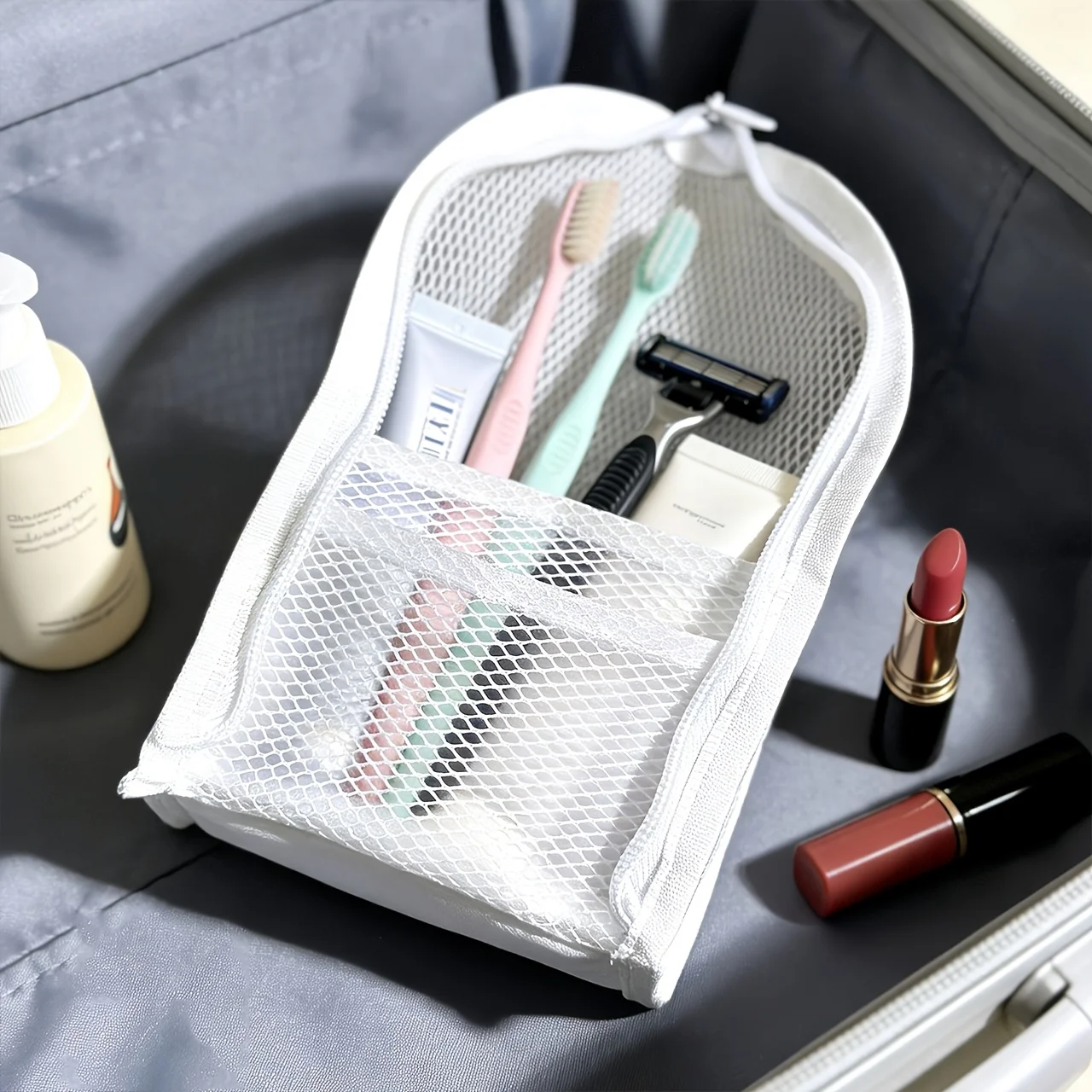 1/2 Piece Set Large Capacity Mesh Makeup Brush Storage Bag, Compact Thickened Mesh Makeup Bag, Large Capacity Octagonal Toiletry Bag, Portable Small Item Storage Pouch, Simple Small Lipstick Bag