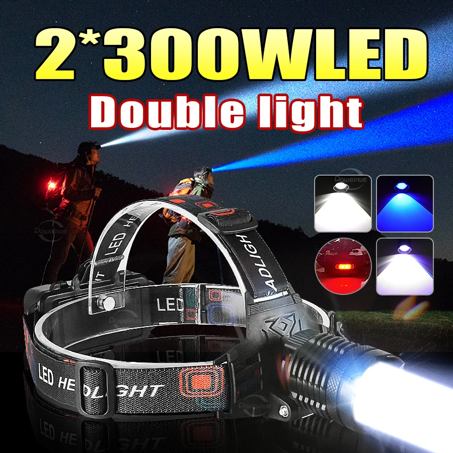 

Новейший мощный светодиодный налобный фонарь 2026 года, 2*300 Вт, с белым и синим светом, перезаряжаемый, на аккумуляторах 18650, для рыбалки
