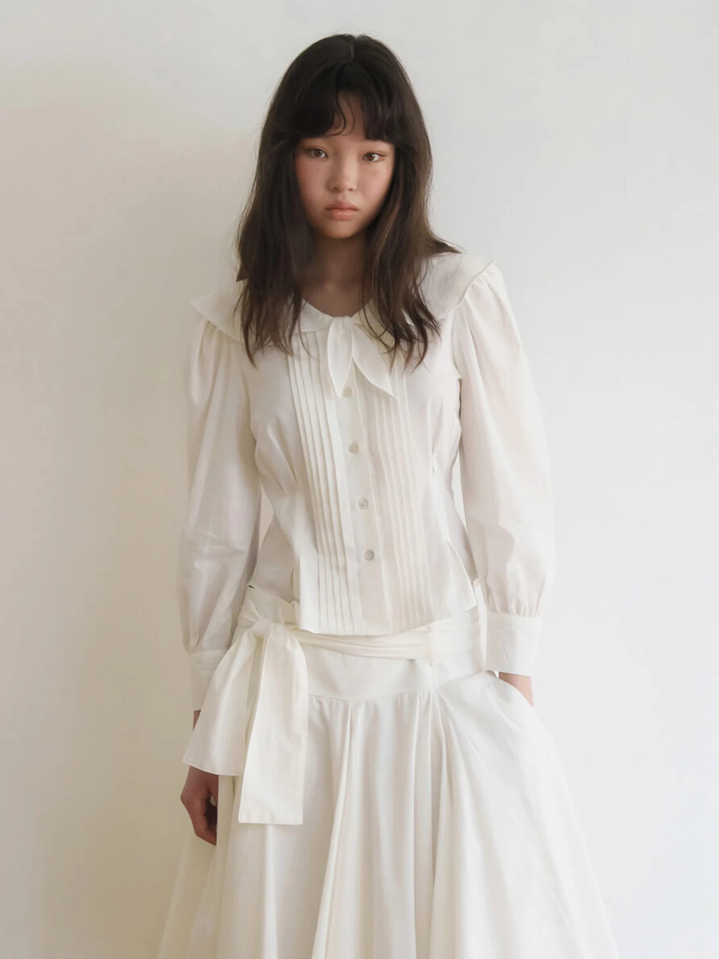 

Women's Slim Fit Long Sleeve Shirt Spring Summer Korean Style Knot Wide Collar Pleated Lace Hem Cotton Casual Shirt