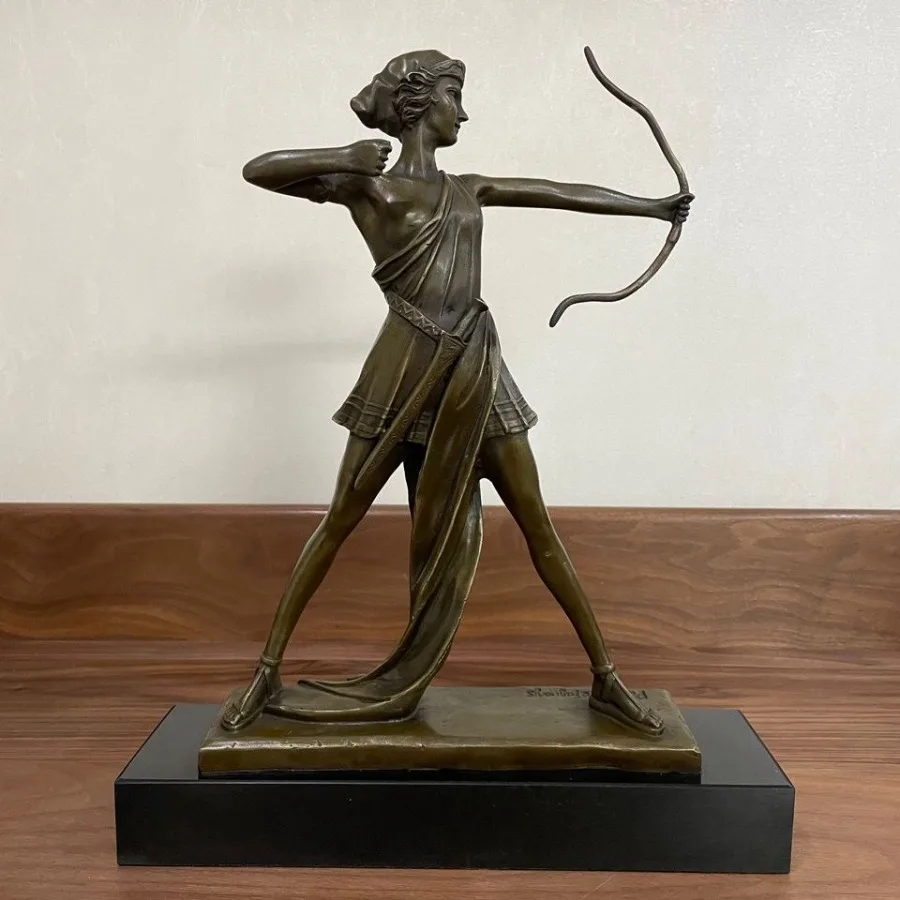 Antique Art Copper Playing Bow and Arrow Woman Bronze Statue Vintage Warrior Sculpture Brass Female Figurine Home Decor Gifts