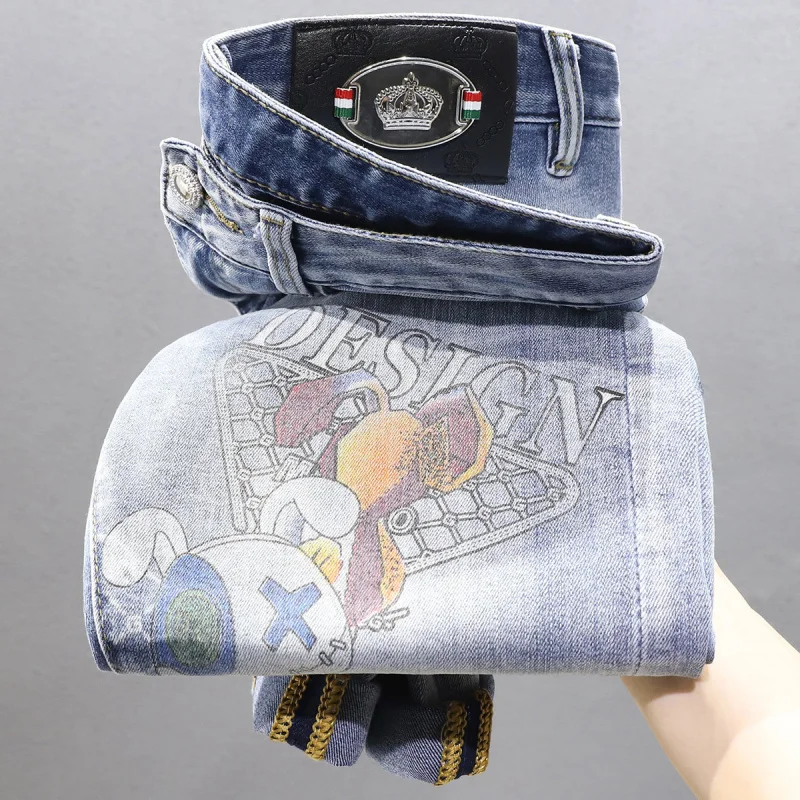 2024 Spring and Summer Luxury Printed Jeans for Men, Trendy and Unique Washed Stretch Slim Fit Pants