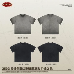 ZODF Retro Men Fired Washed 250gsm T-Shirts Unisex Summer Distressed Ripped Patchwork 100% Cotton T Shirt Tees Brand Tops HY0768