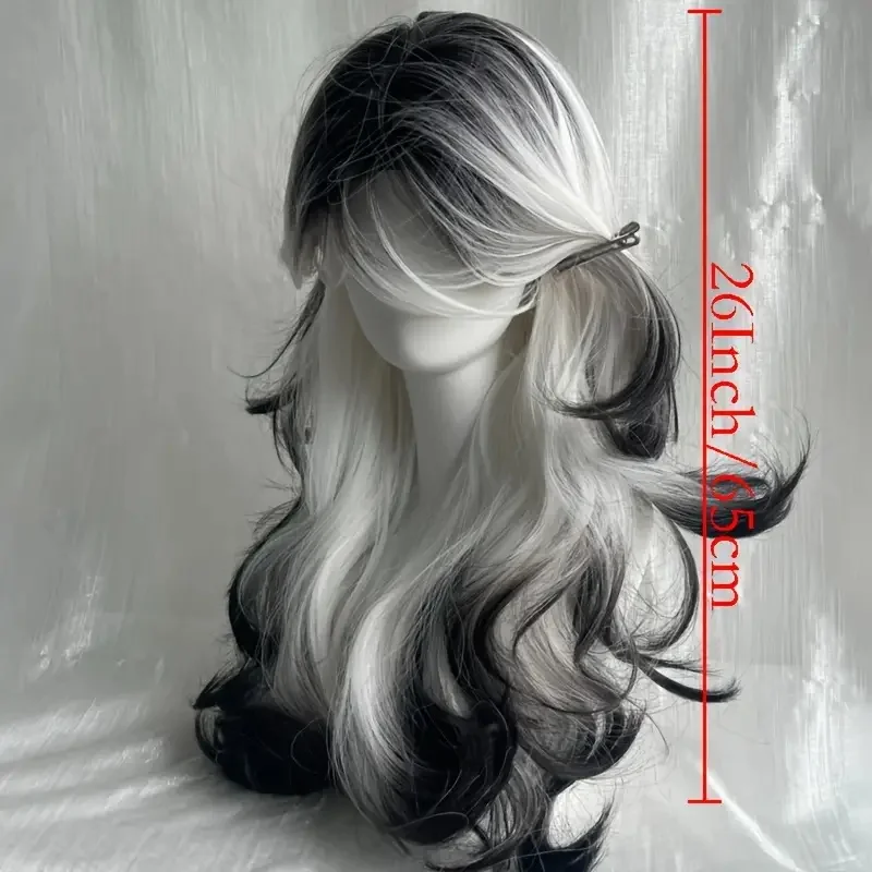 26-Inch Long Black And White Curly Waves Synthetic Hair Wig Soft Comfortable Rose Net for Everyday Parties Holidays