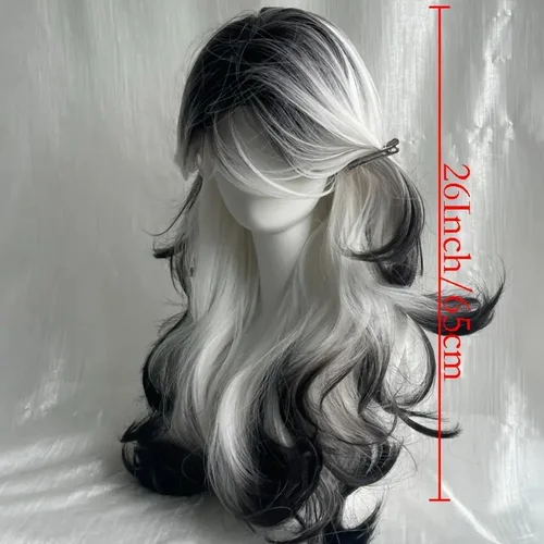 Imagen 2 del producto Peluca de pelo sintético con ondas rizadas en blanco y negro de 26 pulgadas, red rosa suave y cómoda para fiestas diarias y vacaciones