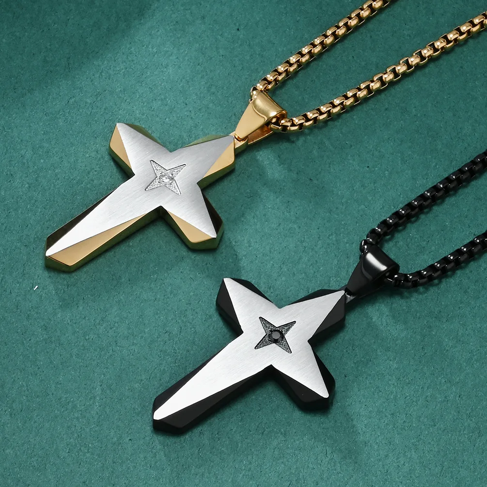 Stainless Steel Two-tone Cross Pendent Neckalce for Men Shinny Zircon Star Shaped Neckalce New