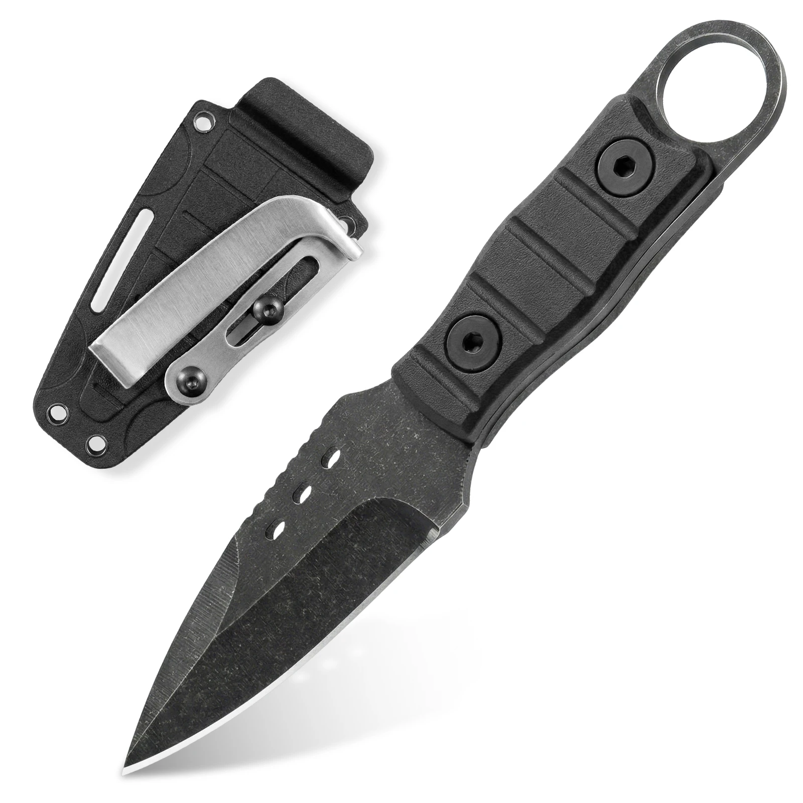 

Small Fixed Blade Knife, Hunting Camping Knife 420 Steel Full Tang Stonewashed Black Blade Kydex Sheath Belt or Backpack Carry