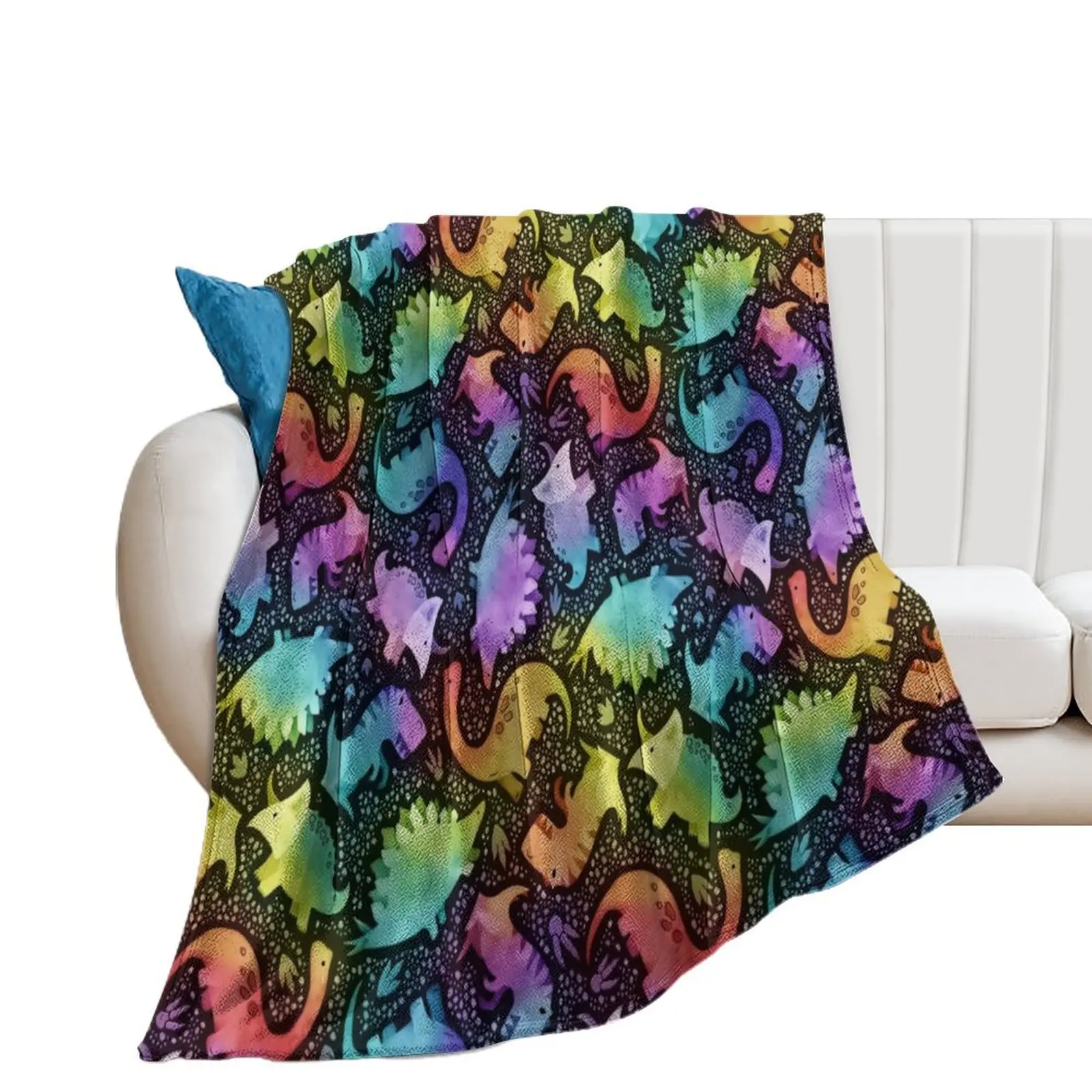 Watercolor dinosaur rainbow on black Throw Blanket For Decorative Sofa valentine gift ideas Blankets