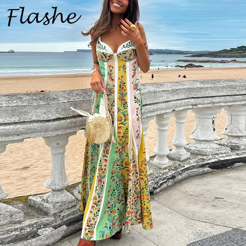 Zomer Vrouwen Diepe V-hals Band Mode Print Lente Zomer Een Lijn Lange Jurk Vrouwen Mouwloze Strand Vakantie Jurken Boho