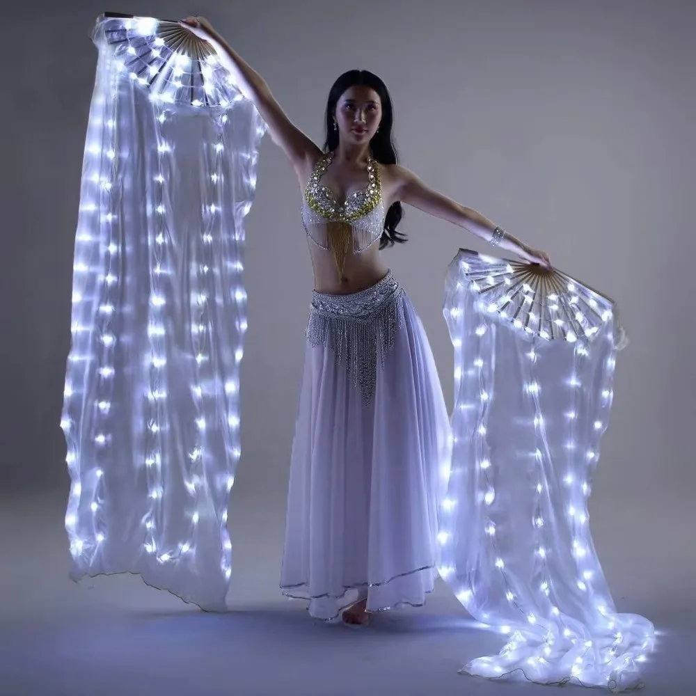 Multi Color Luminous Dance Fan Classical Glowing Long Silk Fan with LED Lights Battery Powered Illuminated Fan Wedding Party